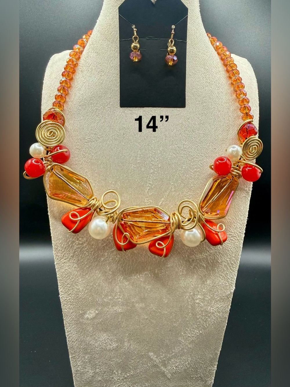 Gold Wire Citrus Statement Necklace with Red and Pearl Accents